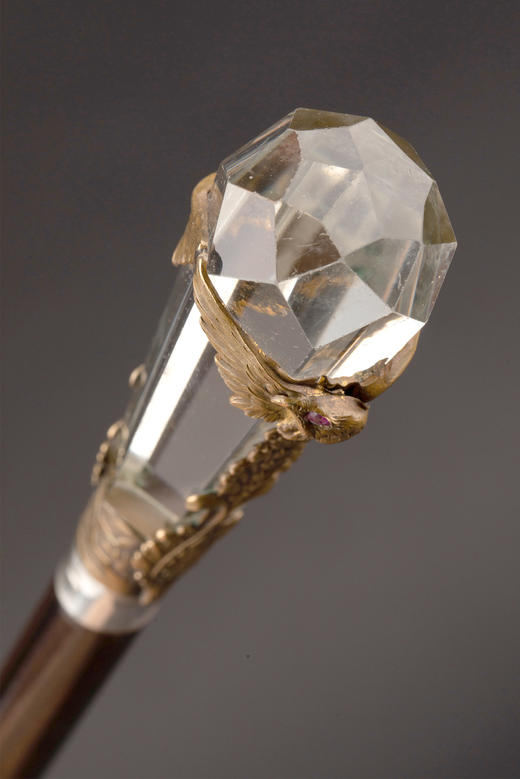 独角鹿西洋古董1890年代法国出品镀银精雕镶嵌红宝石双鹰纹主题水晶手柄硬木手杖 商品图6