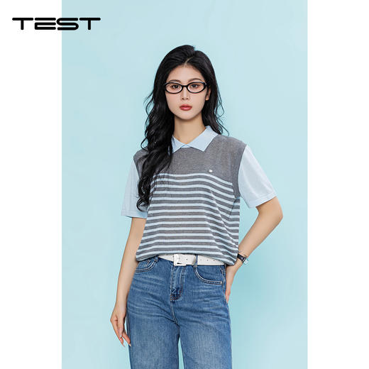 夏上新韩系学院风条纹Polo假两件针织衫1262016 商品图0