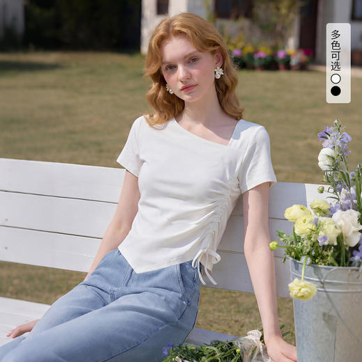 西遇2026夏新款斜领抽绳T恤女修身显瘦不规则设计感纯色短袖上衣E0060271 商品图0