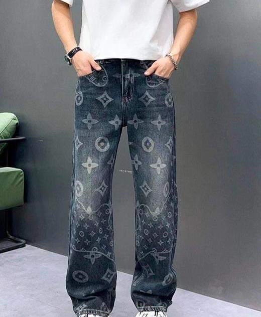 F040203春秋季新款休闲时尚百搭直筒满印提花款男士牛仔裤长裤 商品图2
