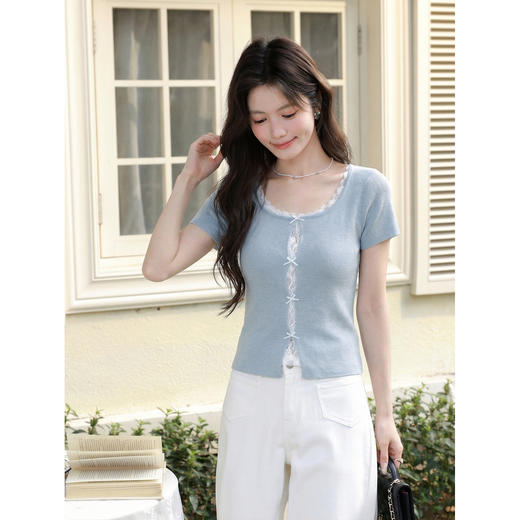 鹿向南【0405/20:00新品前1小时7折限量100件】蓝色针织衫T恤短袖 商品图0