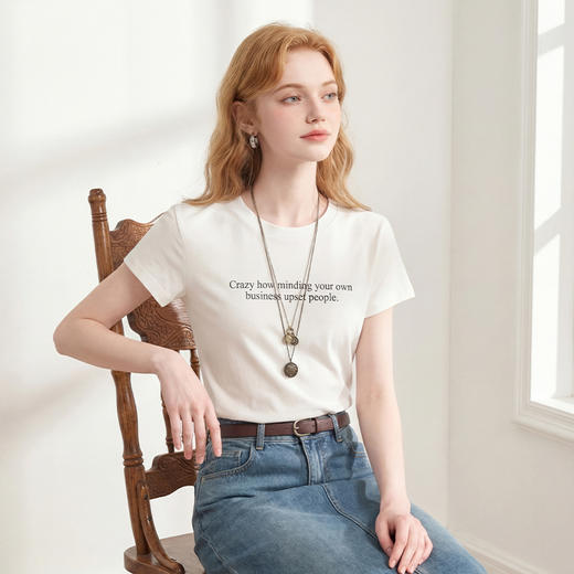 西遇美式薄款微透2026夏正肩新款字母印花修身百搭短袖辣妹白T恤H0060233 商品图2