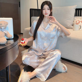 花卉ins风高级感冰丝睡衣女夏季短袖长裤休闲气质套装家居服批发