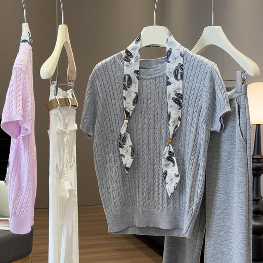 【时尚气质麻花短袖针织衫】夏季新款 洋气圆领气质百搭 收腰显瘦上衣  商品图3