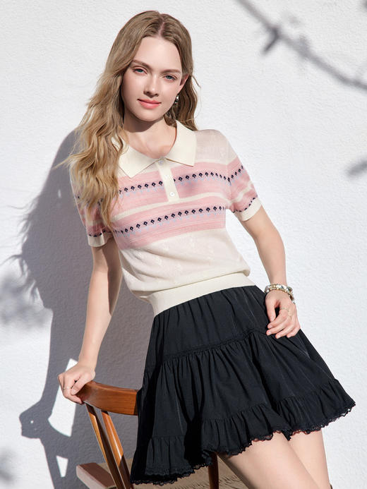 【百图lulu定制】【夏天POLO针织衫】拼色 提花 桑蚕丝羊毛混纺 轻薄透气 短袖针织衫 商品图7