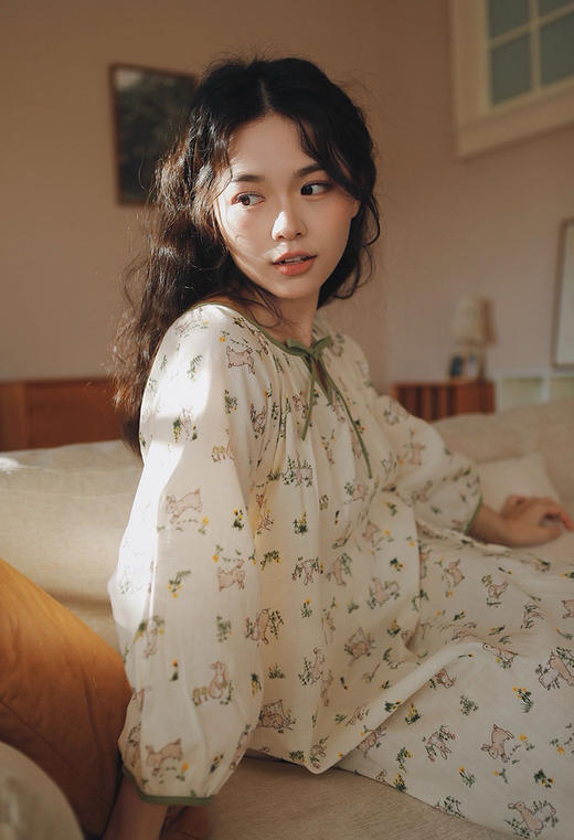 全棉双层纱~浪漫系带纯棉睡裙女春夏季七分袖睡衣女士全棉纱布家居服大码可外穿 商品图3