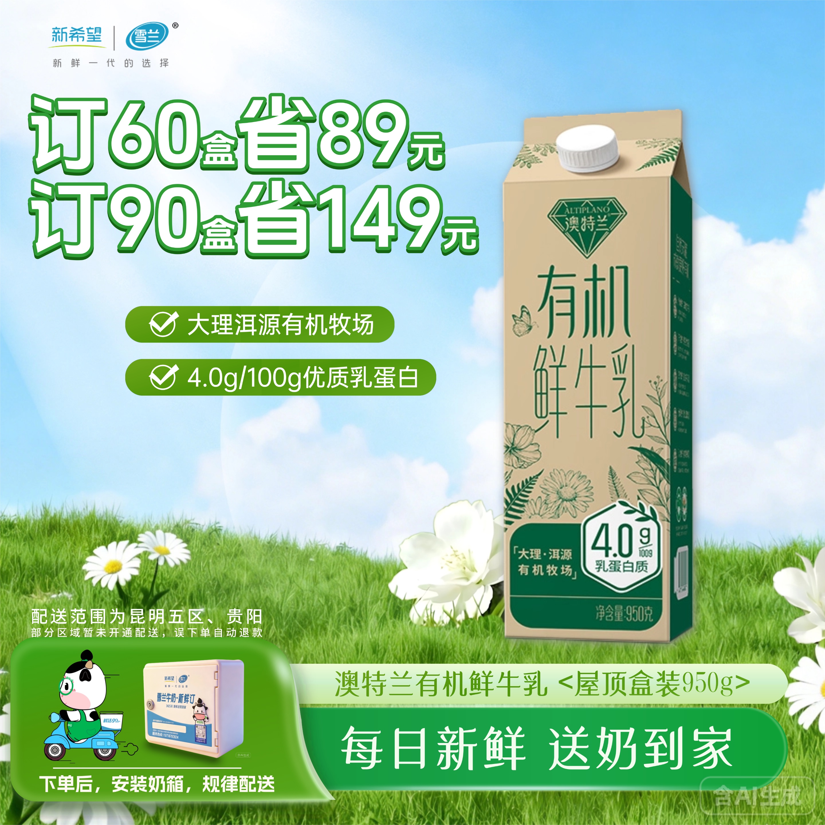 澳特兰有机鲜牛乳 | 屋顶盒 950g 30盒 每日送奶上门