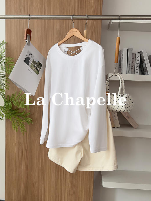 专柜实拍【后背镂空蕾丝】拉夏贝尔/La Chapelle独特款！棉感透气舒适圆领后背镂空蕾丝设计纯色慵懒感长袖T恤衫 商品图2