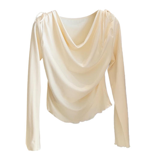 【韩系褶皱收腰荡领长袖】春季新款 气质修身显瘦T恤女 短款打底衫上衣  商品图1