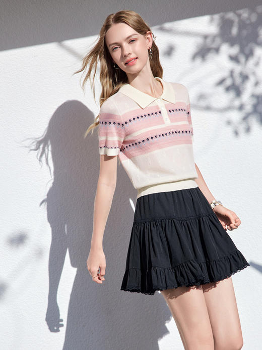 【百图lulu定制】【夏天POLO针织衫】拼色 提花 桑蚕丝羊毛混纺 轻薄透气 短袖针织衫 商品图9