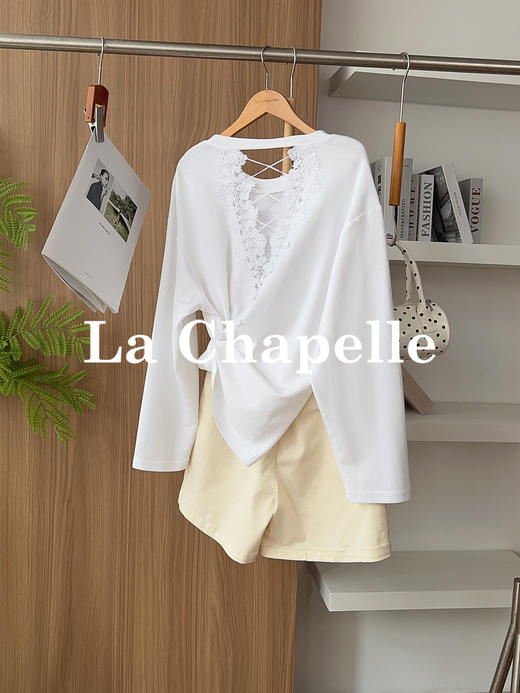 专柜实拍【后背镂空蕾丝】拉夏贝尔/La Chapelle独特款！棉感透气舒适圆领后背镂空蕾丝设计纯色慵懒感长袖T恤衫 商品图1