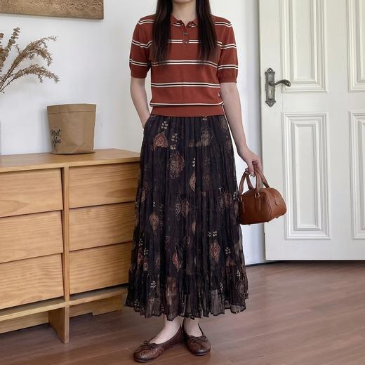 赴花期~法式复古印花设计感100%乔其纱松紧腰半身裙女网纱长裙 商品图1