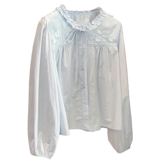 【木耳圆领刺绣衬衫】春季新款 韩系甜美减龄温柔风 蓝色长袖开衫上衣  商品图1