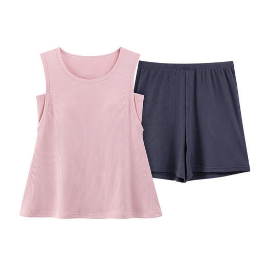 2025夏季新款冰丝螺纹睡衣女士简约纯色背心带胸垫家居服凉爽套装 商品图4
