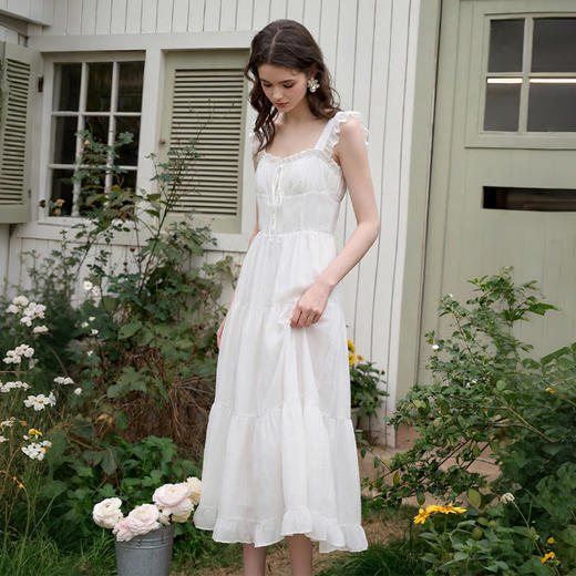 西遇法式飞飞袖排扣2026春夏方领蝴蝶结系带连衣裙气质露背长裙女H0060256 商品图3