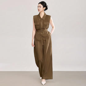 「高货wl」全新升级【铂金会员422/天猫569/差价147】(99120)洛诗琳2026新款老钱风腰带无袖衬衫高腰阔腿直筒裤两件套