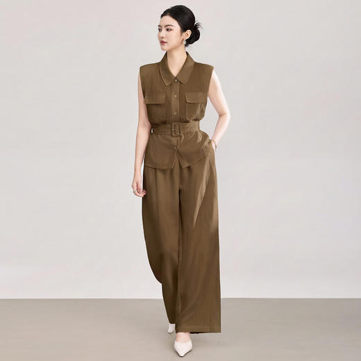 「高货wl」全新升级【铂金会员422/天猫569/差价147】(99120)洛诗琳2026新款老钱风腰带无袖衬衫高腰阔腿直筒裤两件套 商品图0