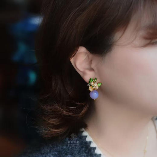 龢盒原创 薰衣草紫珠配翡翠银镶耳钉 商品图4
