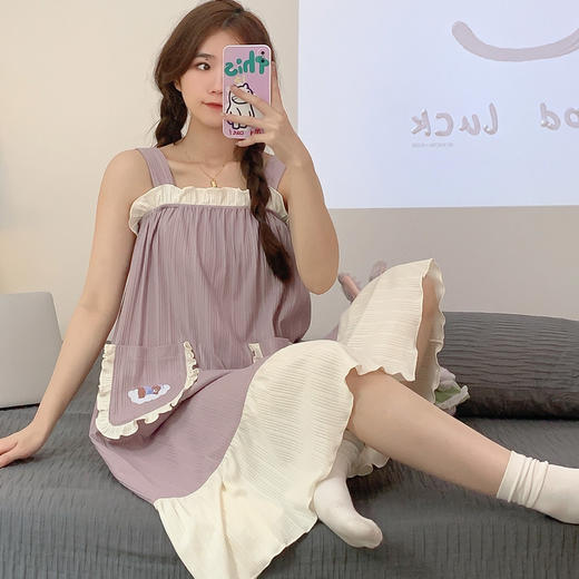 棉质睡衣女夏薄款可爱甜美吊带睡裙卡通休闲学生家居服宽松仙女风 商品图2