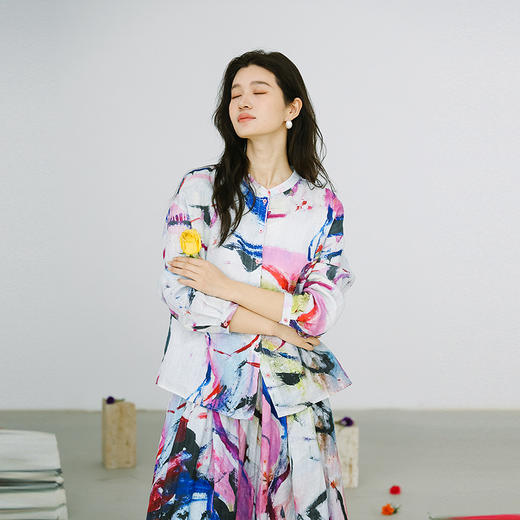 绽放173朵/「余味-2」花衬衫*zijun联名系列竖纹亚麻印花长袖衬衣 商品图0