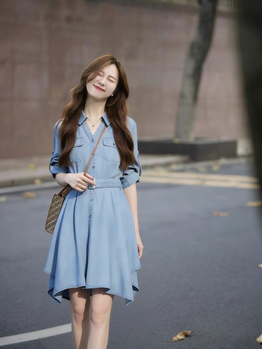 【百图lulu定制】【预售4月11日发】【少年派牛仔连衣裙】莱赛尔 棉混纺 收腰  不规则下摆  五分袖 牛仔连衣裙 商品图0