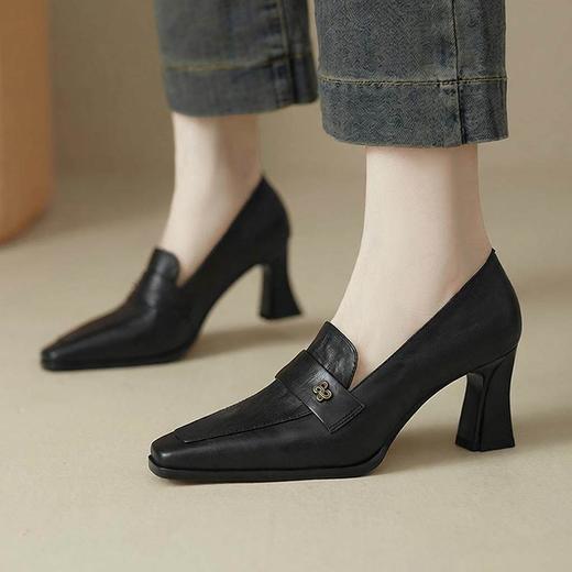 【预售5天】法式复古方头粗跟高跟鞋真皮一脚蹬深口单鞋职业工作鞋通勤女鞋&M6713 商品图3