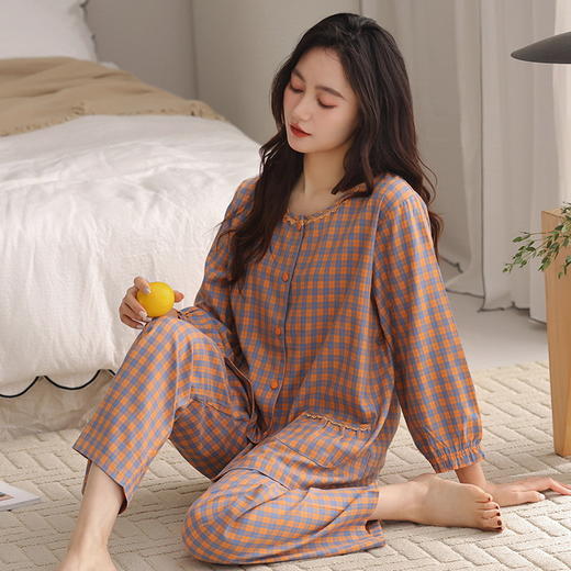 韩版睡衣女夏季春秋带胸垫七分袖两件套装薄款甜美家居服宽松大码 商品图1