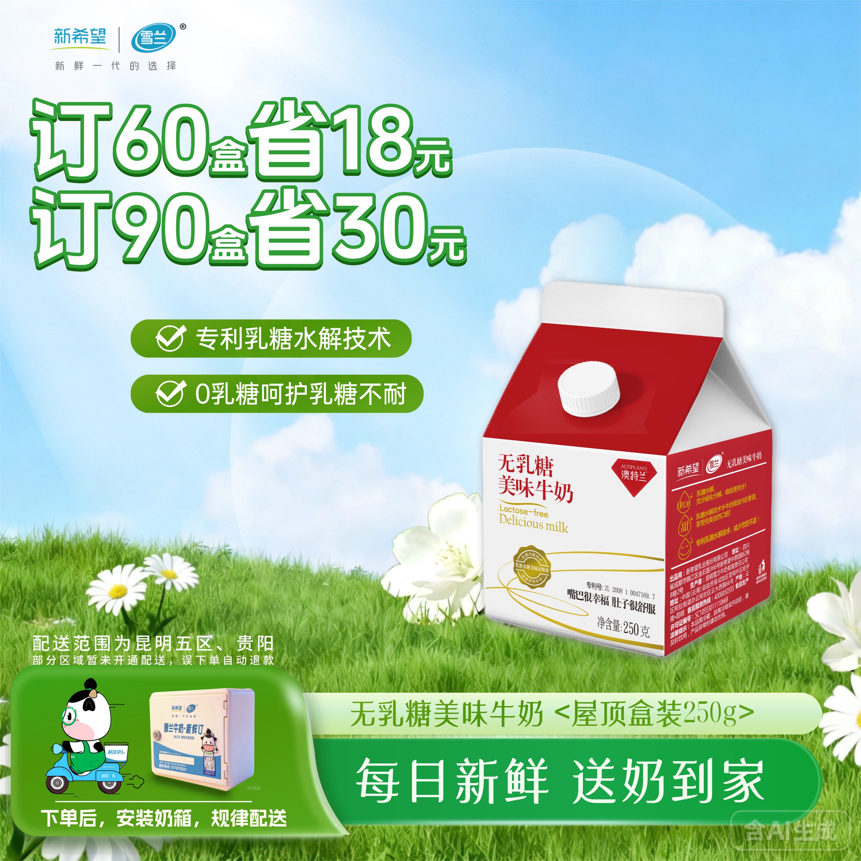 无乳糖美味牛奶 | 屋顶盒250g  订奶每日送奶上门