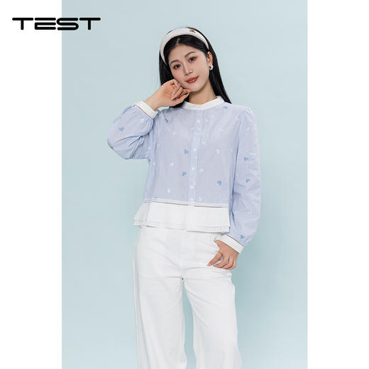 夏上新法式温柔风蓝白条纹绣花衬衫1262007 商品图0