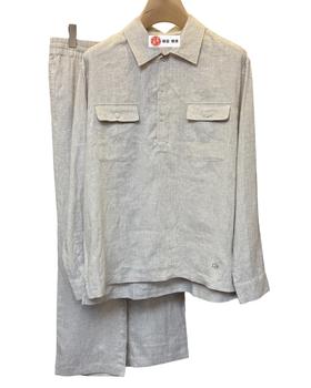 男款麻料长袖衬衫休闲裤长裤套装zh015