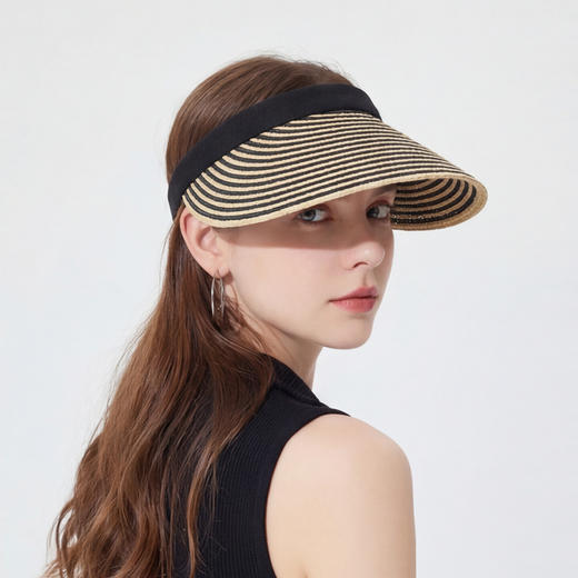 三彩2026新款空顶大帽檐遮阳帽黑白条纹海边出游夏编织帽子鸭舌女 商品图1