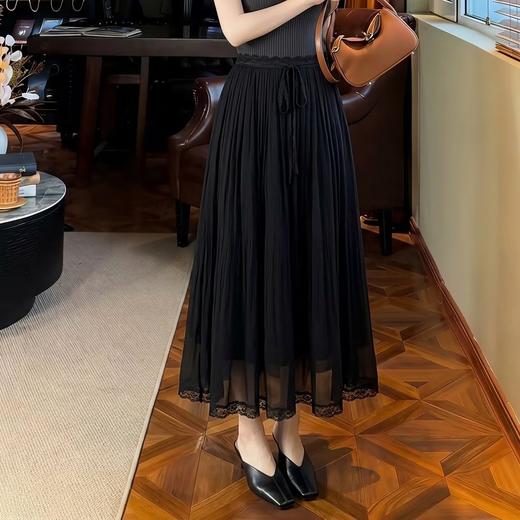 邂逅优雅~赫本风100%桑蚕丝高腰网纱半身裙女蕾丝A字长裙 商品图0