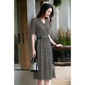漫步塞纳河~法式浪漫真丝裙 米思阳2026夏季新款复古千鸟格系带V领100%桑蚕丝真丝连衣裙