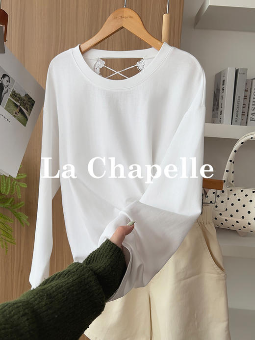 专柜实拍【后背镂空蕾丝】拉夏贝尔/La Chapelle独特款！棉感透气舒适圆领后背镂空蕾丝设计纯色慵懒感长袖T恤衫 商品图3