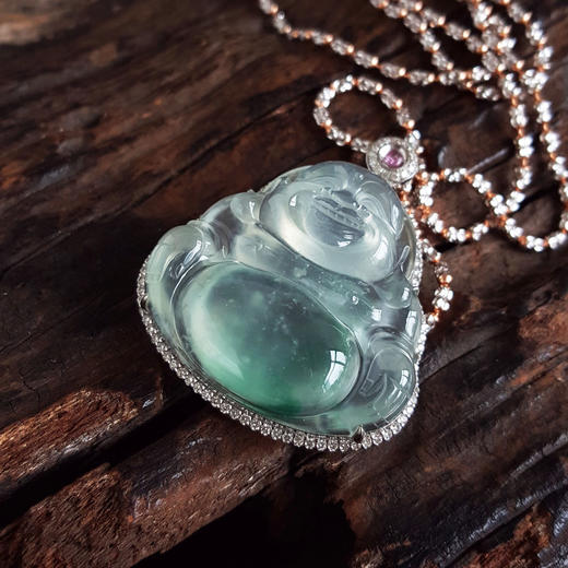 【天然正品】A货翡翠AU750收藏级白金镶钻镶天然细腻白色飘蓝花高冰种佛公翡翠吊坠项链 54CM（长度可调节）230326NJS36 商品图5