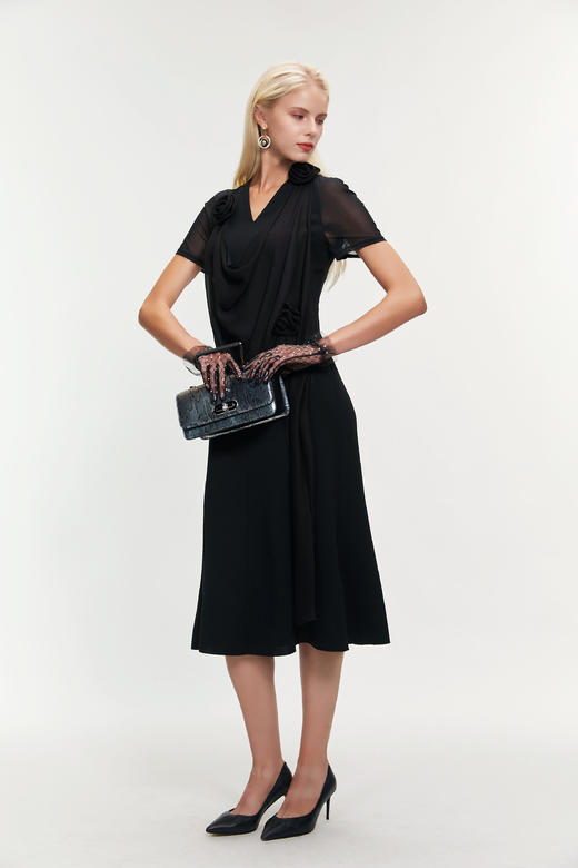 SAFICOO 收腰显瘦网纱短袖气质连衣裙 商品图1