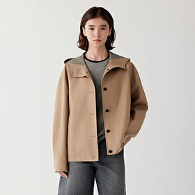 全棉双面布夹克外套 外简内繁短款风衣 正反异色千鸟格双面布 全棉双面布 柔软舒适 正反异色 短款+抽绳设计 比例自由切换撞色牛角扣