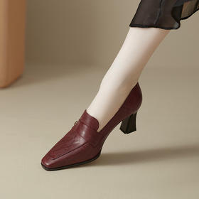 【预售5天】法式复古方头粗跟高跟鞋真皮一脚蹬深口单鞋职业工作鞋通勤女鞋&M6713