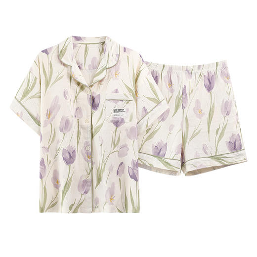 带胸垫翻领云朵棉睡衣女款夏季卡通短袖短裤家居服免穿文胸可外穿 商品图4