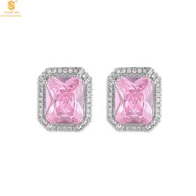 【香港周六福黄金钻石首饰】K铂金CNC彩宝钻石粉色浪漫耳钉 约4.88克