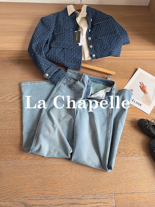 专柜实拍【时髦通勤】拉夏贝尔/La Chapelle显瘦有型单扣后腰撞色标简约设计感微弹直筒窄版牛仔裤 商品图3
