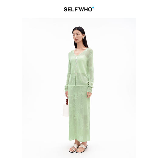 SELFWHO天丝亚麻混纺绿绒蒿提花镂空针织衫女2026夏季新款v领上衣 商品图4