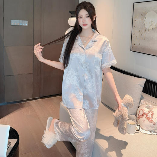 花卉ins风高级感冰丝睡衣女夏季短袖长裤休闲气质套装家居服批发 商品图3