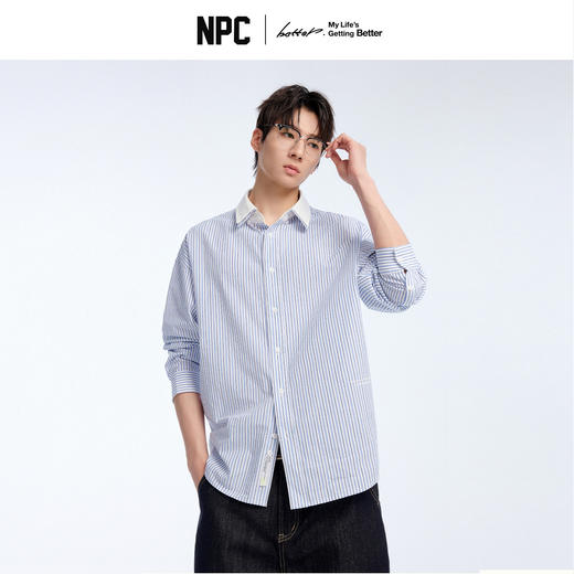 NPC潮牌100%棉美式复古蓝白假两件条纹长袖衬衫男女春季NP61SH19 商品图0
