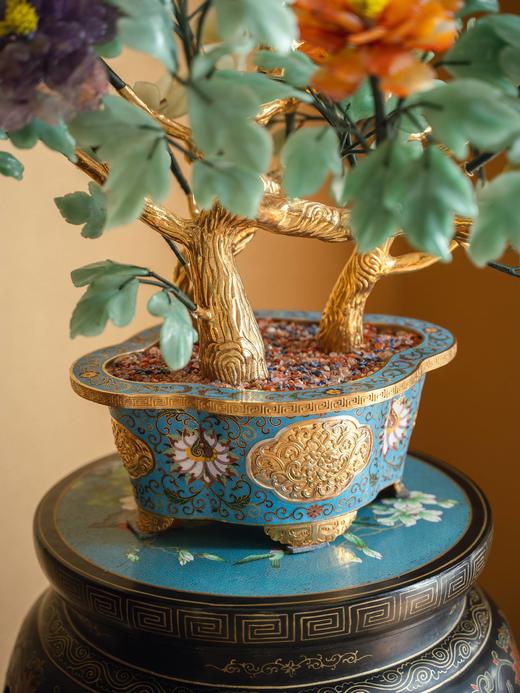 独角鹿西洋古董中国出品传统宝相花纹景泰蓝盆装饰「玉堂富贵」主题珍宝像生盆景一对 商品图7
