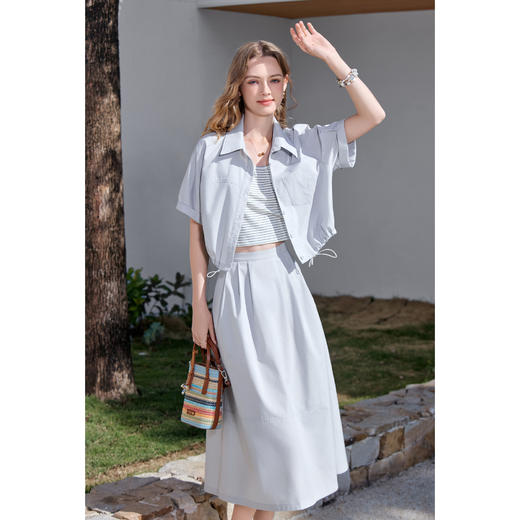 【百图lulu定制】【氧气套装】设计感假两件衬衫+半身裙两件套 短袖衬衫 A字半裙 套装 商品图1