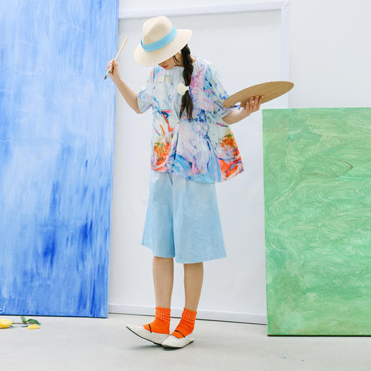 绽放182朵/晴空裤*zijun联名系列水洗皱棉亚麻渐变印花裙裤女中裤 商品图2