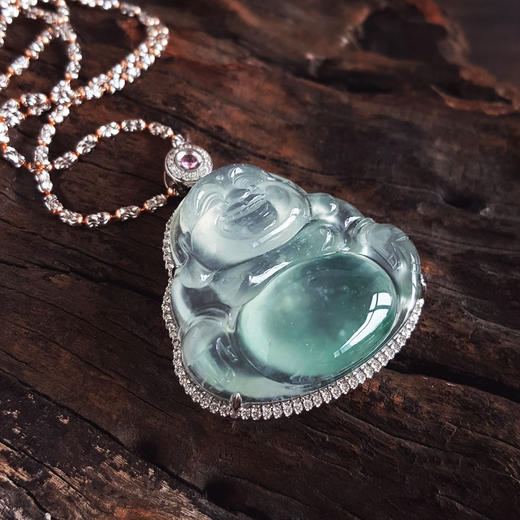 【天然正品】A货翡翠AU750收藏级白金镶钻镶天然细腻白色飘蓝花高冰种佛公翡翠吊坠项链 54CM（长度可调节）230326NJS36 商品图4