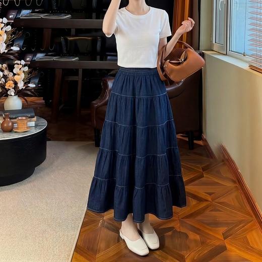 复古丹宁蓝~高腰宽松显瘦压褶中长蛋糕半身裙女薄款牛仔裙 商品图0