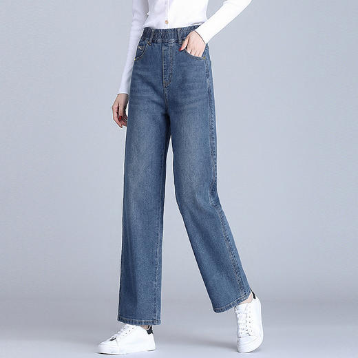 2026新款春季窄版阔腿牛仔裤女士大码胖mm弹力松紧腰宽松直筒裤子 商品图3